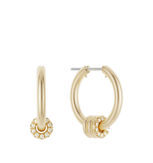 Image 2 of 2 - GOLD - Spinelli Kilcollin Ara Deux Hoop Earrings are comprised of medium-sized, tubular hoops in either 18k yellow gold featuring three floating annulets of 18k yellow gold. The outermost annulet is adorned by contrasting, front-facing, pave-set white diamonds. Hoops: 18k yellow gold, 2mm gauge, 13mm internal diameter.Annulets: 18k yellow gold, pav-set white diamonds. Posts: 18k yellow gold. Diamonds: white diamonds (approx. 0.30 cttw). Sold as a pair.Hirshleifers offers a range of pieces fro