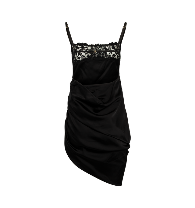 Image 2 of 2 - BLACK - JACQUEMUS La Saudade Brode Dress featuring ruched, asymmetric silhouette, mini dress, zip fastening along side and floral-embroidered tulle at the neckline. 96% viscose, 4% elastane. Lining: 100% polyamide. 