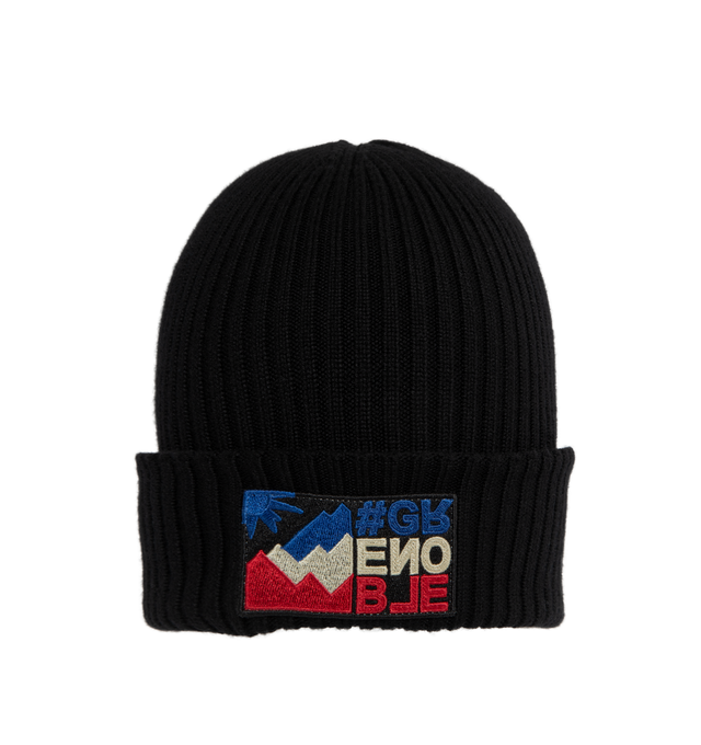 Image 1 of 2 - BLACK - MONCLER Wool Beanie featuring ultra-fine wool, fully-fashioned 2x2 ribbed knit, Gauge 7 and multicolor logo patch. 100% virgin wool. 