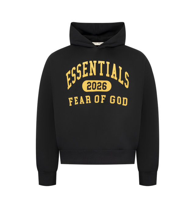 Image 1 of 3 - BLACK - FEAR OF GOD ESSENTIALS Classic Hoodie featuring pull-on styling, side seam pockets, front rubberized logo detail and fleece lining. 80% cotton, 20% polyester.