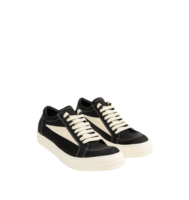Image 2 of 5 - BLACK - Rick Owens DRKSHDW Vintage Sneaks Sneakers featuring low top, lace-up closure, calfskin suede appliqu at sides, twill lining and treaded rubber sole. Upper: textile, calfskin. Sole: rubber. Made in Italy.