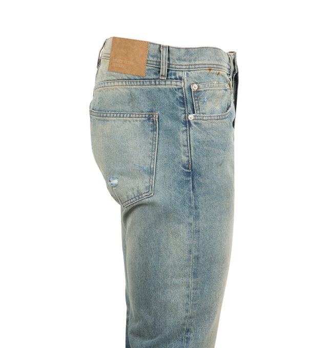 Image 3 of 3 - BLUE - ENFANTS RICHES DEPRIMES Straight Leg Jeans in 14oz Japanese denim featuring mid-rise, five-pocket styling, button-fly, belt loops at waistband, ERD-branded hardware, embossed logo patch at back waistband, heavy vintage wash process and distressing throughout. 100% cotton.