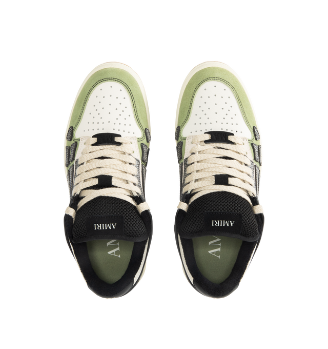 Image 5 of 5 - GREEN - AMIRI XL Skel Low Top Sneaker featuring suede and leather upper with rubber sole, lace-up closure, logo detail at tongue, cushioned collar and mesh tongue, leather bone appliques and perforated toe.