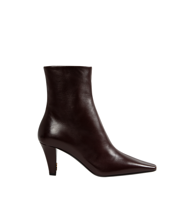 Image 1 of 4 - RED - Saint Laurent Josie Booties have square pointed toes, a tapered block heel with a Cassandre in bronze tone metal on the inside heel, and a side zip closure. 100% lambskin. Made in Italy.