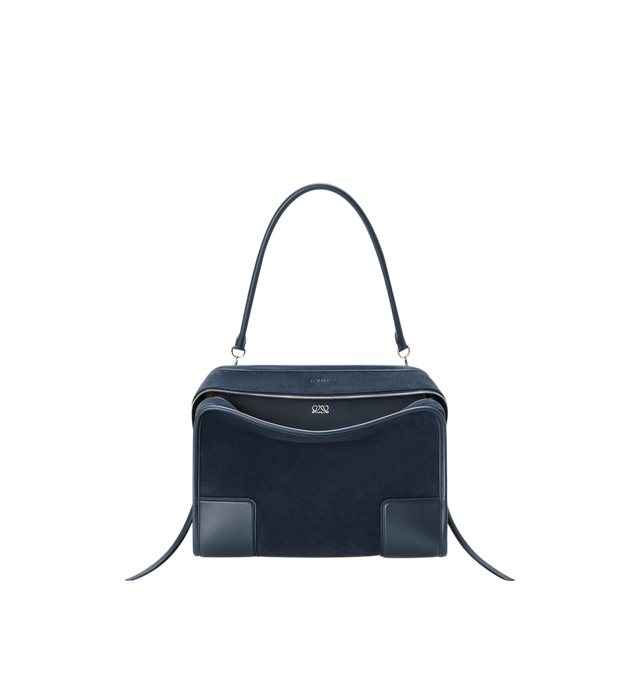 Image 9 of 16 - NAVY - Loewe Large Amazona 180 Bag in suede featuring a relaxed silhouette anchored by a single toron top handle, designed to be carried open while a concealed closure secures the main compartment, removable shoulder and crossbody straps, zip closure with two leather zip pullers, two compartments, main compartment closed with magnetic closure, internal flat pocket, left side d-ring for customization, suede and nappa lambskin lining, embossed LOEWE and embossed double L branding. Suede/calf.