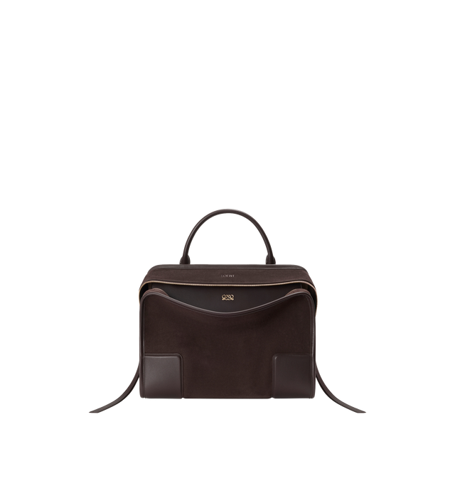 Image 1 of 16 - BROWN - LOEWE Large Amazona 180 Bag in suede featuring a relaxed silhouette anchored by a single toron top handle, designed to be carried open while a concealed closure secures the main compartment, removable shoulder and crossbody straps, zip closure with two leather zip pullers, two compartments, main compartment closed with magnetic closure, internal flat pocket, left side d-ring for customization, suede and nappa lambskin lining, embossed LOEWE and embossed double L branding. Suede/calf.