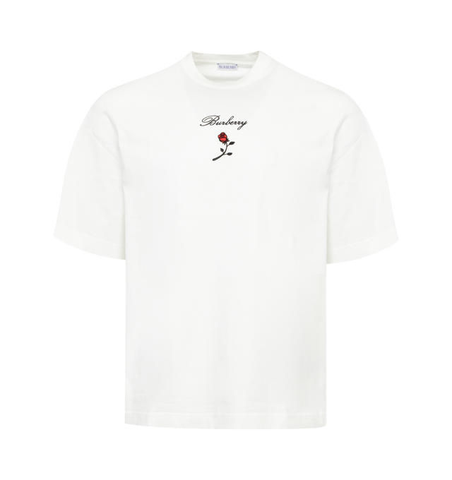 Image 1 of 2 - WHITE - BURBERRY Logo Rose Cotton T-shirt featuring regular fit, crew-neck, rib-knit collar, embroidered logo and flocked rose. 100% cotton. Made in Portugal. 