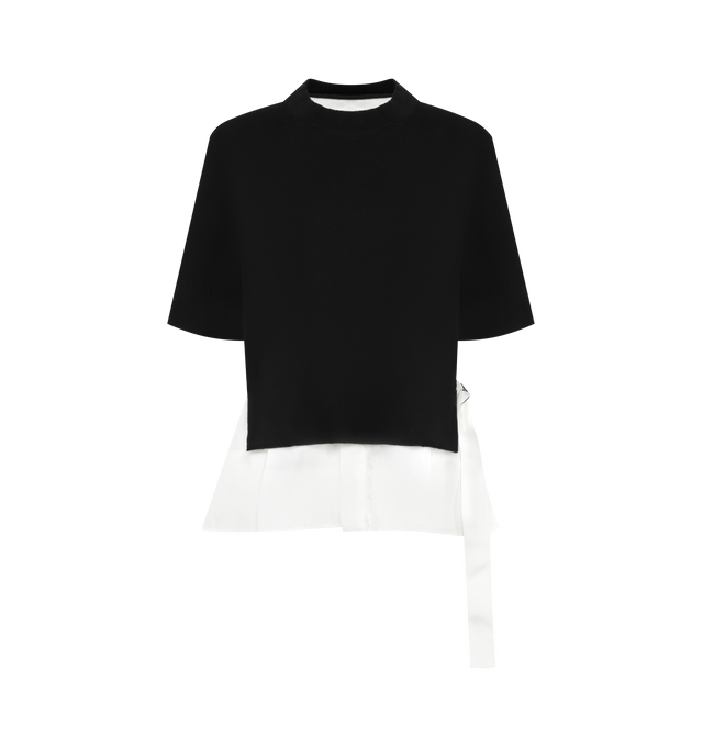 Image 1 of 2 - BLACK - SACAI Poplin x Cotton Knit Pullover featuring crew neck, short sleeves, cotton poplin and knit cotton-blend top, layered hem, box pleat at back yoke and cinch strap at back waist. 100% cotton. 65% cotton, 35% polyester.