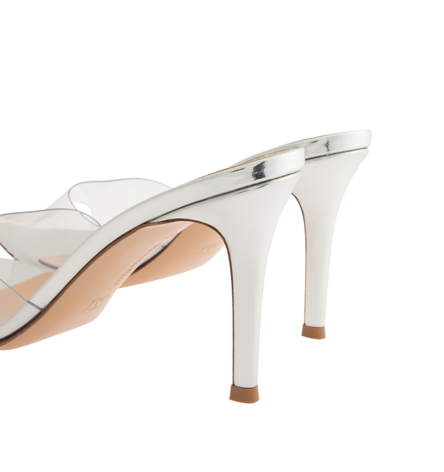 Image 3 of 4 - SILVER - GIANVITO ROSSI Elle 85 Heeled Sandals featuring open pointed toe, vinyl strap at vamp, logo printed at footbed, stiletto heel with rubber injection and polished leather sole. Heel: H3.25". Upper: thermoplastic polyurethane, leather. Sole: leather, rubber. Made in Italy.
