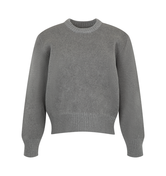 Image 1 of 2 - GREY - Toteme Women's Cropped Crew-Neck Sweater is crafted from a merino wool and cotton blend and features an abbreviated silhouette, subtly rounded sleeves, and a compact half Punto Milano knit construction. Designed with ribbed trims at the crew neckline, cuffs, and hem, this sculptural knit offers a structured shape with a lightweight feel. Main Material: 60% RWS Merino Wool, 40% Cotton.