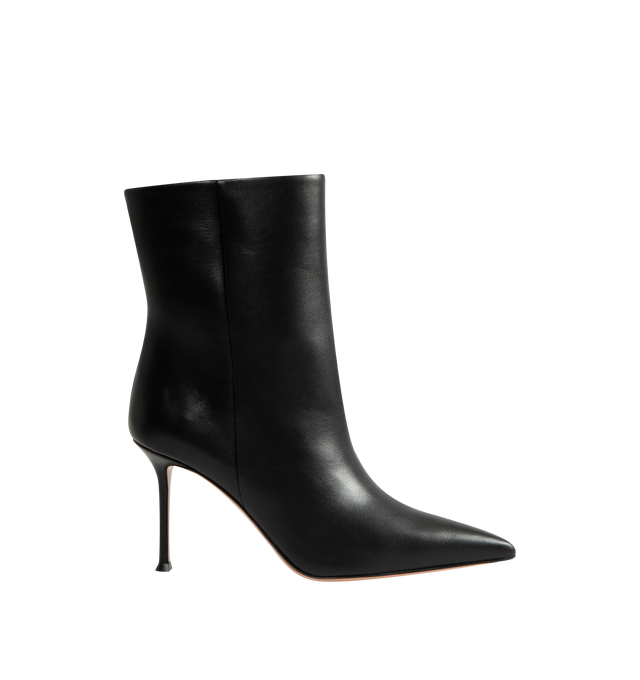 Image 1 of 4 - BLACK - Aquazzura Women's Harper Bootie 85 is crafted from smooth leather and features a sleek ankle-high silhouette with a pointed toe for an elegant, elongated profile. Designed in an easy pull-on style, these designer booties are set on an 85mm heel and finished with a soft leather lining and durable calf leather sole. Upper: Leather. Lining: Leather. Sole: Calf Leather. Stiletto Heel Height: 85 mm / 3.3 in. Closure: Pull-On. Toe: Pointed. Made in Italy.