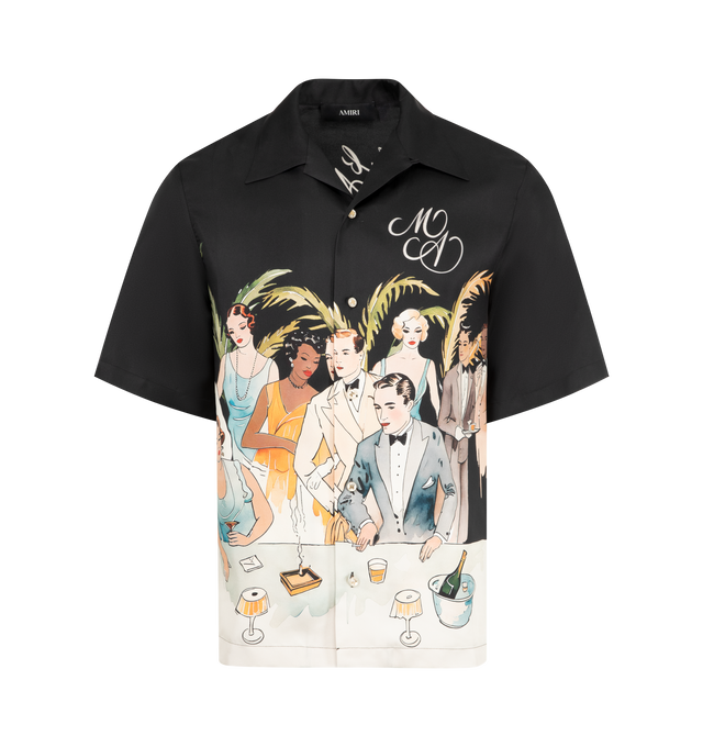 Image 1 of 2 - BLACK - AMIRI Bar Scene Bowling Shirt in silk featuring a notched collar, button-down closure, short sleeves and graphic throughout. 100% silk.