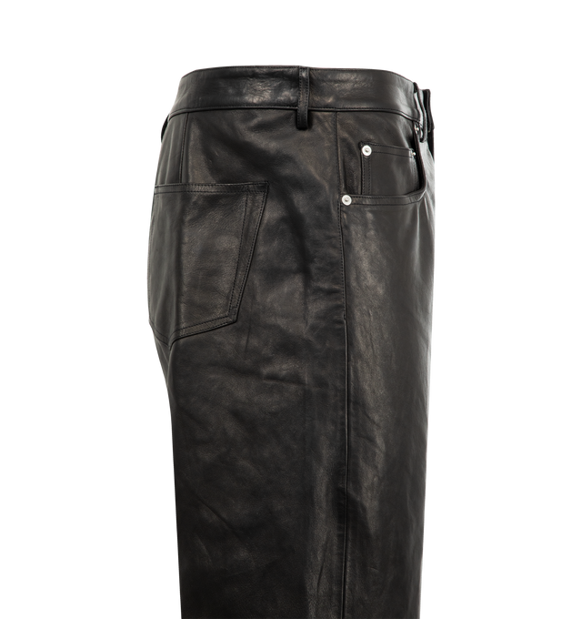 Image 3 of 3 - BLACK - RICK OWENS Geth Jeans featuring wide-leg, coated stretch denim, low-rise, belt loops, five-pocket styling, button-fly, creased legs and extended cuffs. 91% cotton, 6% elastomultiester, 3% rubber. Lining: 100% cotton. Made in Italy.