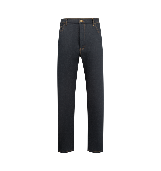 Image 1 of 3 - NAVY - THOM BROWNE Selvedge Denim Trouser featuring button fly closure, adjustable buttoned backstrap, selvedge detail at inner cuffs and signature striped grosgrain loop tab. 100% cotton. Made in Japan.