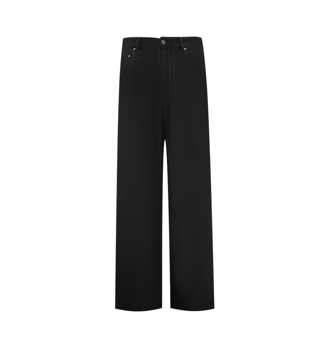 Image 1 of 3 - BLACK - AMIRI Baggy Jean featuring exposed button and concealed zip-fly fastening at front, baggy fit, mid-rise, wide leg, structured waistband with belt loops, five pockets, MA logo plaque at back, branded silver-toned hardware and suede logo patch at back. 100% cotton. Made in Romania.