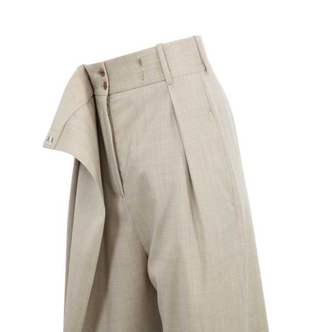 Image 4 of 4 - NEUTRAL - LOEWE Wrap Trousers featuring an asymmetric construction with a wrap front, regular fit, cropped length, high waist, loose leg, concealed hook fastening, seam pockets, buttoned rear welt pocket, pleats at the front and LOEWE embossed leather patch placed at the back. Made in Italy.