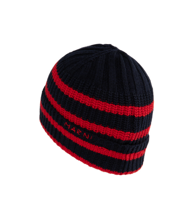 Image 2 of 2 - BLUE - MARNI Ribbed Wool Beanie featuring sailor stripe pattern, destroyed effect on the turn-up hem and hand-stitched Marni mending logo with flower detail. 100% virgin wool. 