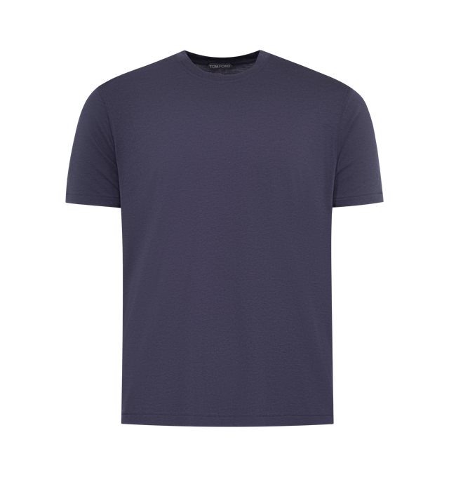 Image 1 of 2 - NAVY - TOM FORD Lyocell Cotton Crewneck T-shirt featuring rib-knit crewneck, logo embroidered at front hem and short sleeves. 67% lyocell, 33% cotton. Made in Portugal.