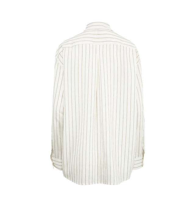 Image 2 of 2 - WHITE - TOTEME Classic Stripe Shirt featuring fine stripes, longline, oversized silhouette with dropped shoulders, inward box pleat and a buttoned placket and cuffs. 78% viscose, 14% silk, 8% cotton.