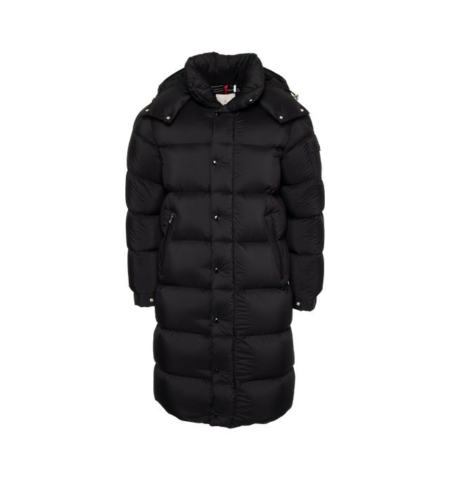 Image 1 of 4 - BLACK - MONCLER Hanoverian Long Down Jacket featuring longue saison lining, down-filled, detachable hood, zipper and snap button closure, zipped pockets, patch pocket on the sleeve, adjustable cuffs and hem with drawstring fastening. 100% polyamide/nylon. Padding: 90% down, 10% feather. 