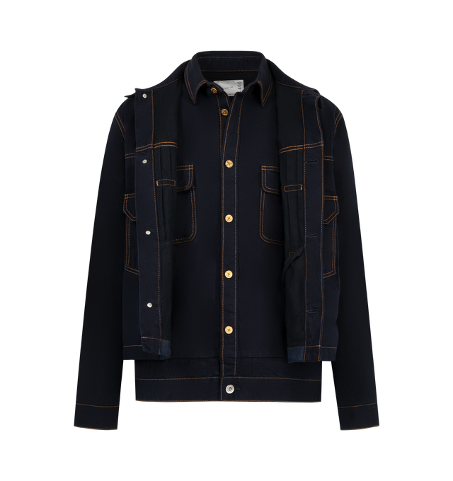Image 2 of 4 - BLUE - Sacai Mens Denim Jacket is crafted from cotton denim. Features a button-front closure, long sleeves, buttoned cuffs, and chest pockets. Main Material: Cotton. Made in Japan.