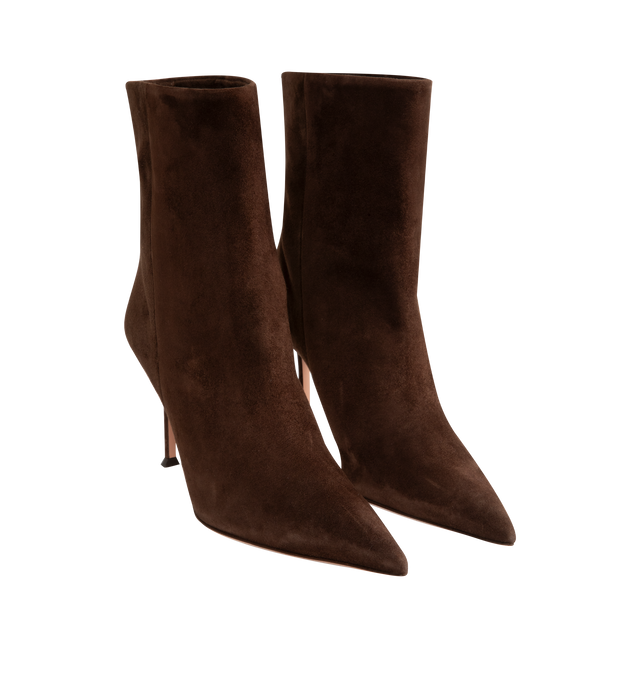 Image 2 of 4 - BROWN - Aquazzura Women's Harper Bootie 85 is crafted from smooth suede and features a sleek ankle-high silhouette with a pointed toe for an elegant, elongated profile. Designed in an easy pull-on style, these designer booties are set on an 85mm heel and finished with a soft leather lining and durable calf leather sole. Upper: Suede. Lining: Leather. Sole: Calf Leather. Heel Height: 85 mm / 3.3 in. Closure: Pull-On. Toe: Pointed. Made in Italy.