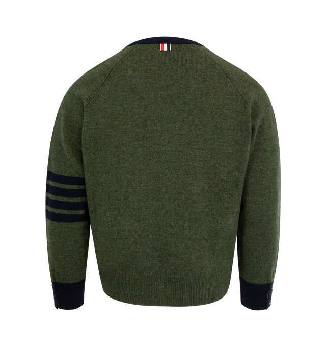 Image 2 of 2 - GREEN - THOM BROWNE Shetland Wool Cardigan featuring front button closure with striped grosgrain placket, 2 front slip pockets, 4-bar detailing, v neck, relaxed fit, contrast trim and cuffs and signature striped grosgrain loop tab. 100% wool. Made in Italy.