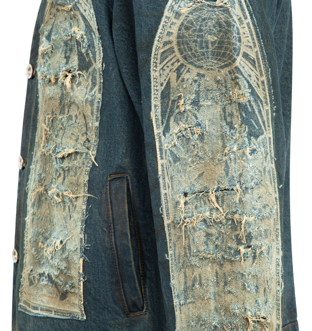 Image 3 of 3 - BLUE - WHO DECIDES WAR Mechanic Trucker Denim Jacket featuring a traditional fit with original stained-glass embroidered patchwork on the denim, button front closure, collar and button cuffs. 100% cotton.