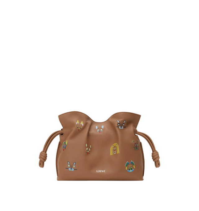 Image 1 of 4 - BROWN - LOEWE Cats Mini Flamenco Clutch in nappa calfskin featuring a cinched closure and historical knot drawstrings, allover 3D-effect cat prints, shoulder, crossbody or hand carry, detachable and adjustable strap, magnetic closure, suede lining and embossed LOEWE. Nappa calf. 18 cm x 23.9 cm x 9 cm. Made in Spain.