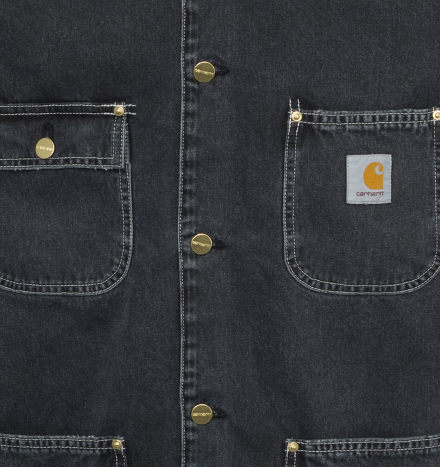Image 3 of 3 - NAVY - CARHARTT WIP OG Denim Chore Coat featuring spread collar, long sleeves, barrel cuffs, chest and side patch pockets and button-front closure. 100% cotton. 