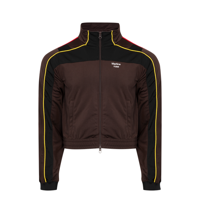 Image 1 of 3 - BROWN - MARTINE ROSE Shrunken Track Jacket featuring stand collar, two-way zip closure, logo embroidered at chest, zip pockets, elasticized hem, piping and striped trim at sleeves and rib-knit cuffs. 100% polyester. Made in Portugal.