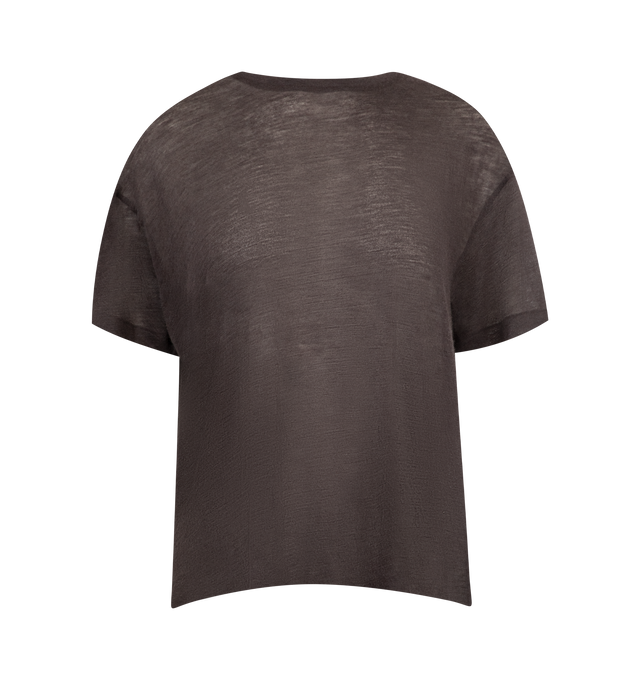 Image 1 of 2 - BROWN - THE ROW Lila Top in Cashmere featuring relaxed fit, short-sleeves, ribbed crewneck and signature center back detail. 100% cashmere. Made in Italy.