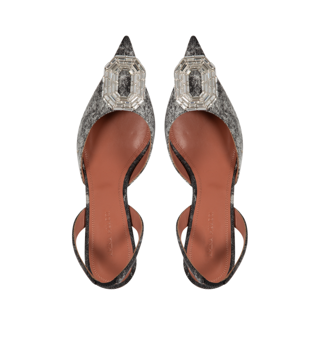 Image 4 of 4 - GREY - AMINA MUADDI Camelia Denim Slingback Pumps featuring pointed-toe silhouette, crystal brooch, slanted midi heel and slip on slingback. 60MM. Made in Italy. 