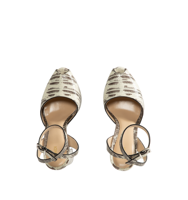 Image 4 of 4 - MULTI - Fendi Women's After 9 Platform Sandals are crafted from calfskin with a parchment and black tegu print and feature an open-toe silhouette, a platform sole, an adjustable ankle strap, and a wide leather-covered heel with a tone-on-tone tegu print. These designer platform sandals combine bold texture with elevated craftsmanship for statement evening styling. Main Material: 100% Calfskin. Lining: 100% Goatskin. Heel Height: 125 mm. Made in Italy.