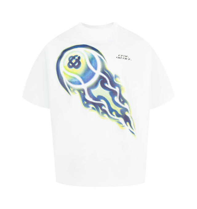 Image 1 of 2 - WHITE - CASABLANCA Flaming Tennis Ball Tee featuring oversized fit, short sleeves, graphic on front and back, crew neck and a relaxed silhouette. 100% organic cotton. Made in Portugal.