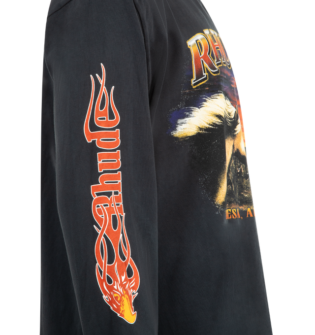 Image 3 of 3 - BLACK - RHUDE Mesa Stallion T-shirt featuring graphic print, long sleeves, crew neck, flame detail to the sleeves and ribbed cuffs. 100% cotton.