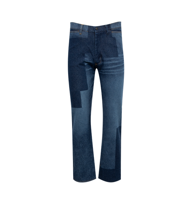 Image 1 of 3 - BLUE - NEEDLES Patchwork Straight Leg Jeans featuring zip fastening, back patch pockets, relaxed straight-leg and asymmetric workwear stitches. 100% cotton. 