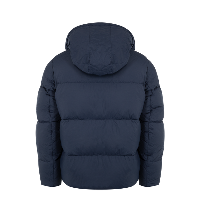 Image 2 of 3 - NAVY - CANADA GOOSE Crofton Puffer featuring an adjustable hood, a drawcord at the hem to customize the fit and lock in warmth, packable into interior left pocket, converts into a cinchable bag with a carrying strap, down-filled adjustable hood with drawcord, two-way zipper, recessed rib-knit cuffs, two fleece-lined zippered hand pockets and two interior mesh drop-in pockets. 100% recycled polyamide. Made in Canada.