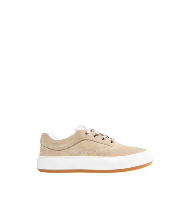 Image 1 of 5 - NEUTRAL - GIVENCHY New City Sneakers featuring suede upper, low top sneakers, logo throughout, lace up closure and gum rubber sole.
