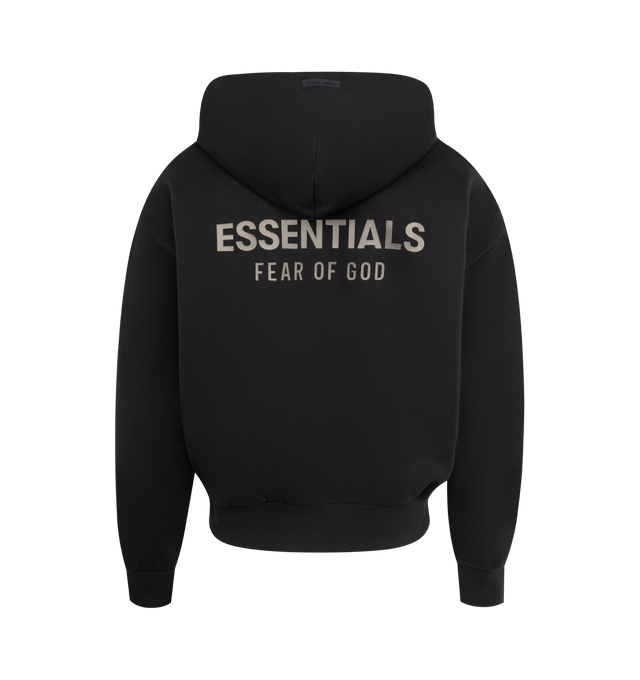 Image 2 of 2 - BLACK - FEAR OF GOD ESSENTIALS Classic Fleece Zip-Up Hoodie made from 380gsm core fleece featuring a classic fit with signature Fear of God relaxed proportions. A new beveled metallic "Essentials Fear of God" logo is branded across the back. Details include a double-layer hoodie, rib-knit cuffs, waist-hem, and a kangaroo pocket. A "Fear of God Essentials" rubberized label is stitched on the hood and sleeve. 80% cotton, 20% polyester fleece.
