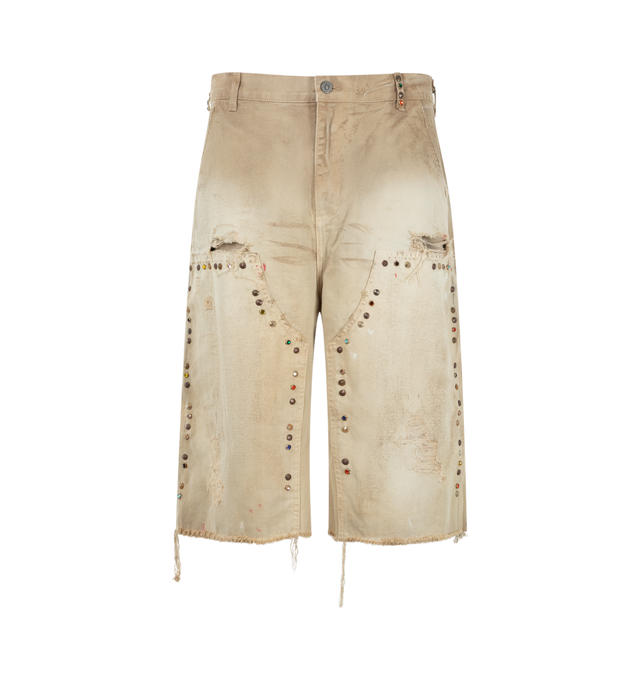 Image 1 of 3 - NEUTRAL - Satoshi Nakamoto Danny's Carpenter Shorts feature distressed details, stud embellishments, and paint splatters. Main material: 100% Cotton.