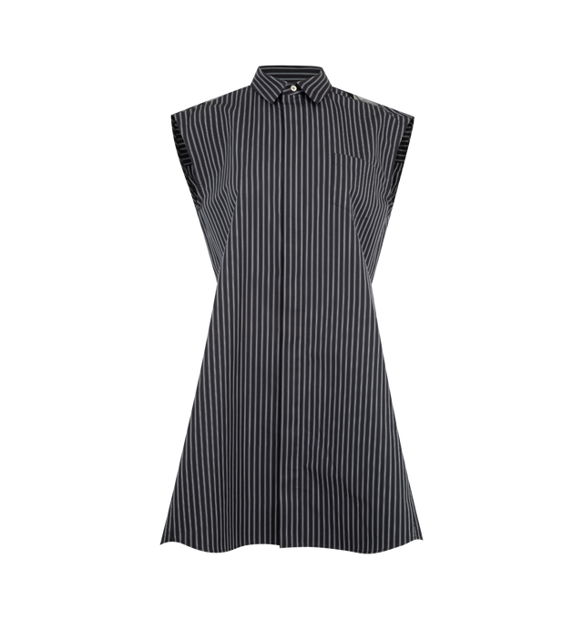 Image 1 of 3 - NAVY - SACAI Poplin Dress featuring concealed front button closure, sleeveless, collared neck, mini length and pleated at the back. Cotton. Made in Japan.