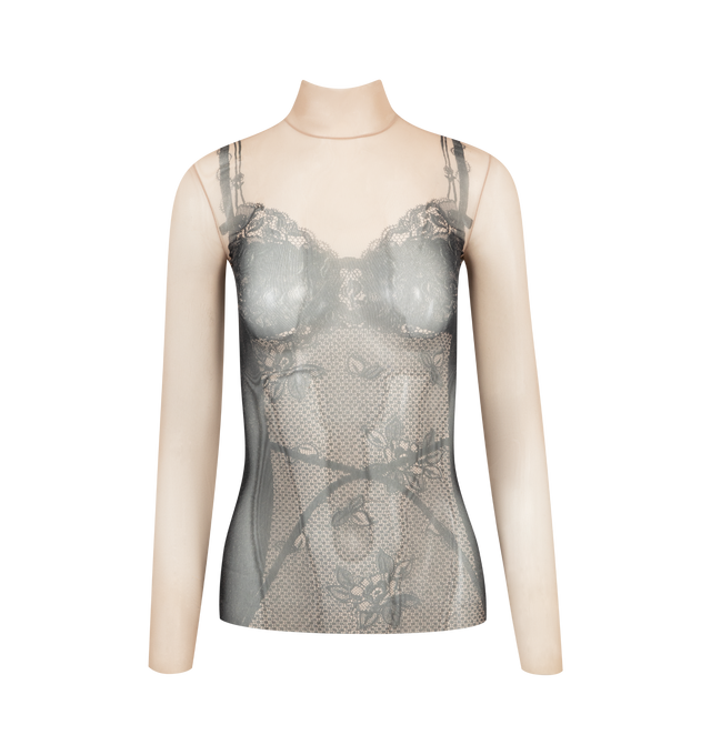 Image 1 of 2 - BLACK - BALENCIAGA Trompe l'il Lingerie Top featuring stretch fabric, tights-like, high neck, trompe l'il top: printed lingerie corset on beige skin. 80% polyamide, 20% elastane. Made in Italy.