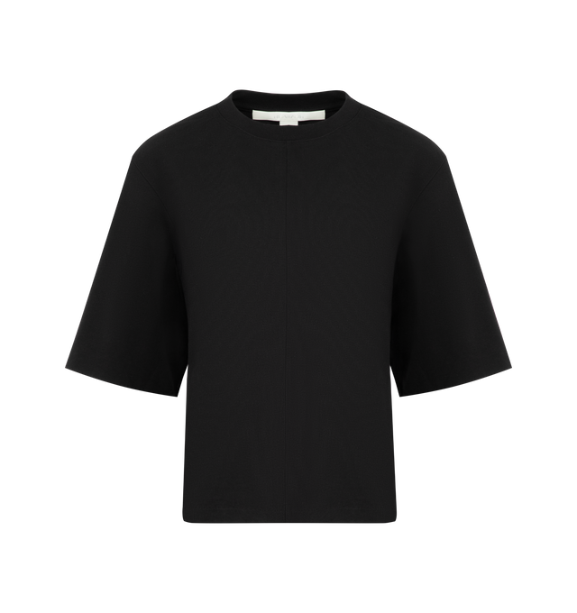 Image 1 of 2 - BLACK - RUADH The Isla T-Shirt featuring a slim-cut crew neck t-shirt designed to enhance the waist through intentional shaping. Framed by a classic crew neck and a double-layer sleeve to create structure and drama. This foundational piece is highly versatile and made out of heavyweight organic cotton. 100% organic cotton. Made in Portugal.