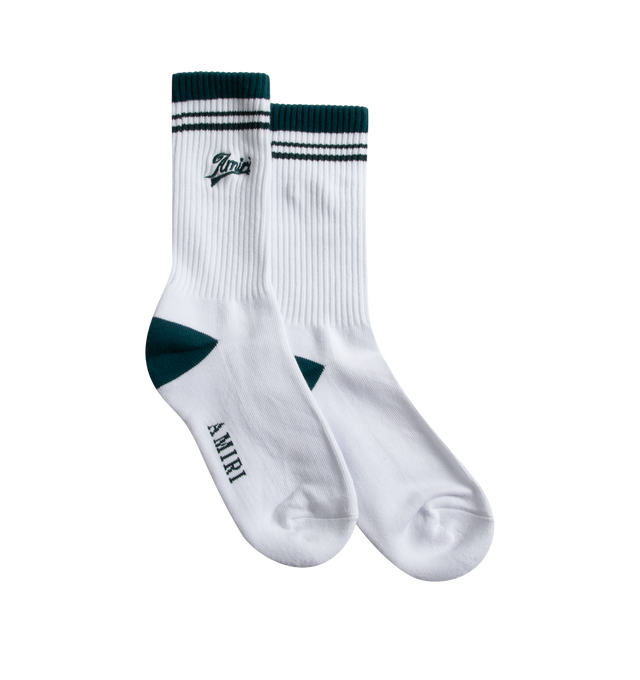 Image 1 of 2 - GREEN - AMIRI Logo Sock featuring Amiri logo at ankle and ribbed knit fabric. 78% cotton, 20% polyester, 2% elastane. Made in China.