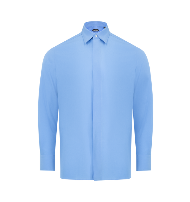 Image 1 of 2 - BLUE - TOM FORD Charmeause Fluid Shirt featuringa regular fit, concealed front button closure, button cuffs and classic collar. 100% silk. Made in Italy.
