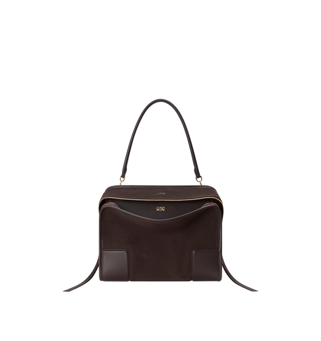 Image 9 of 16 - BROWN - LOEWE Large Amazona 180 Bag in suede featuring a relaxed silhouette anchored by a single toron top handle, designed to be carried open while a concealed closure secures the main compartment, removable shoulder and crossbody straps, zip closure with two leather zip pullers, two compartments, main compartment closed with magnetic closure, internal flat pocket, left side d-ring for customization, suede and nappa lambskin lining, embossed LOEWE and embossed double L branding. Suede/calf.