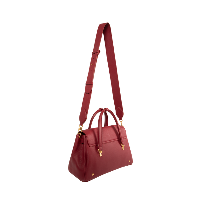 Image 2 of 4 - RED - THOM BROWNE Bolton Bag featuring padlock flap closure, top handles, key bell with RWB grosgrain trim, detachable adjustable leather shoulder strap, detachable RWB ribbon-woven chain strap, RWB stripe on front and back, adjustable side gussets with belt and stud details, interior zip pocket, slip pocket, and two smaller slip pockets, tricolor lining and signature striped grosgrain loop tab. L 33 x W 15 x H 35 cm. 100% calf full grain leather. Lining: 100% polyester. Made in Italy.