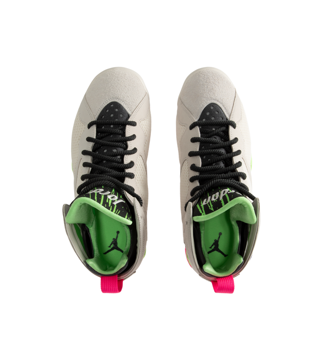Image 5 of 5 - MULTI - Air Jordan 7 Retro "Tennis Day" Sneakers feature a Phantom upper with Lime Blast, Pink Blast, and Anthracite accents inspired by Nike's Challenge Court era. Leather, synthetic leather, suede, and breathable textiles combine throughout the mid-cut design, while a heel pull tab, foam midsole with full-length Nike Air cushioning, and grippy rubber outsole complete the construction. Upper: Leather, Synthetic Leather, Suede, and Textile. Midsole: Foam. Sole: Rubber. Made in mens sizing.