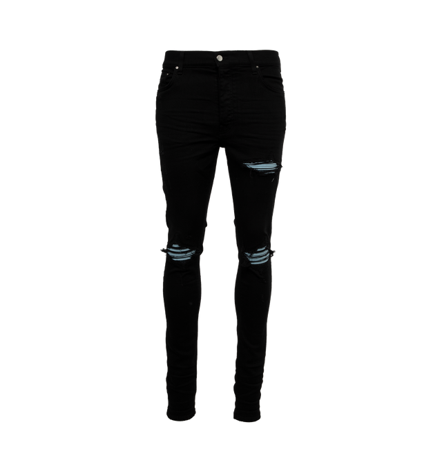 Image 1 of 3 - BLACK - AMIRI Mx1 Suede Jean featuring button fly, 5-pocket design, intentionally destroyed areas, light whiskering and fading detail. 92% cotton, 6% elastomultiester, 2% elastane. Made in USA. 